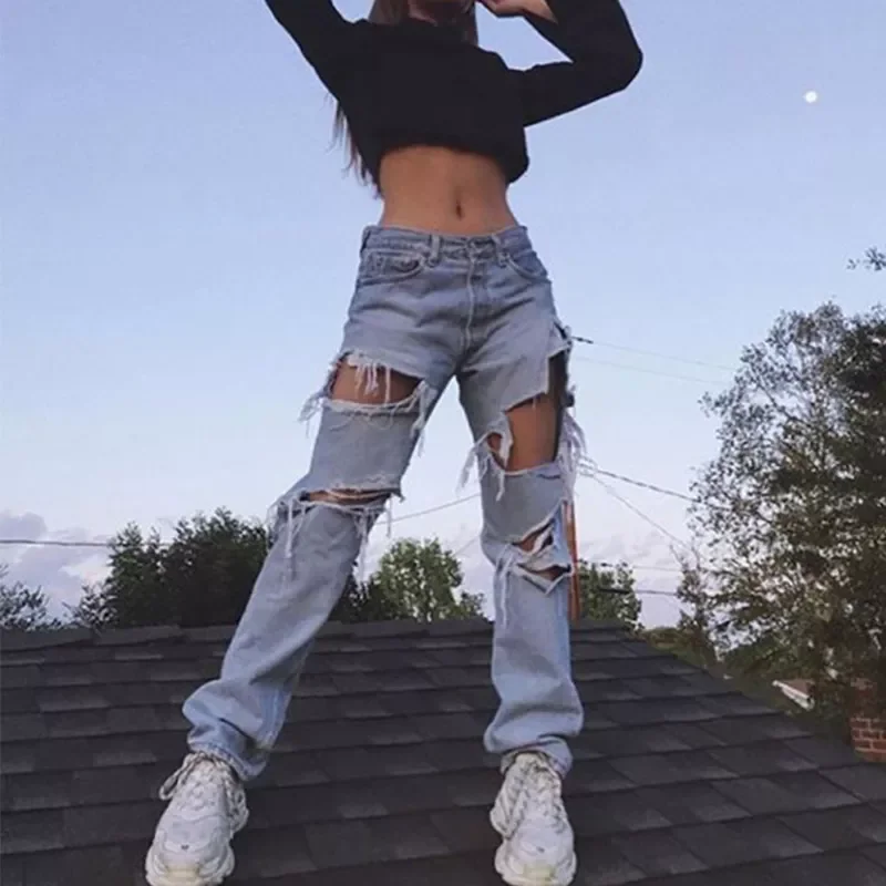 

Women's Fashion Sexy Jeans Casual Pants Big Holes Long Trousers Women Jeans Ripped Frayed Loose Denim Pants Women Clothing