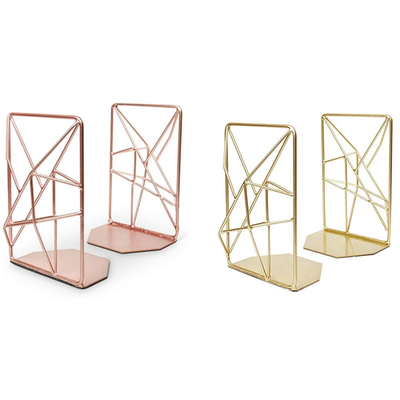 

4 Pcs Geometric Bookends With Matte Finish Decorative Iron Book Stoppers Bookends Gold & Rose Gold