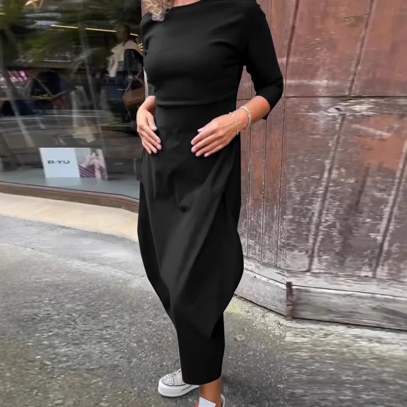 Fashion Solid Color Long Dress For Women 2025 New Spring Elegant O Neck Slim Dresses Autumn Sleeve Robe Femme