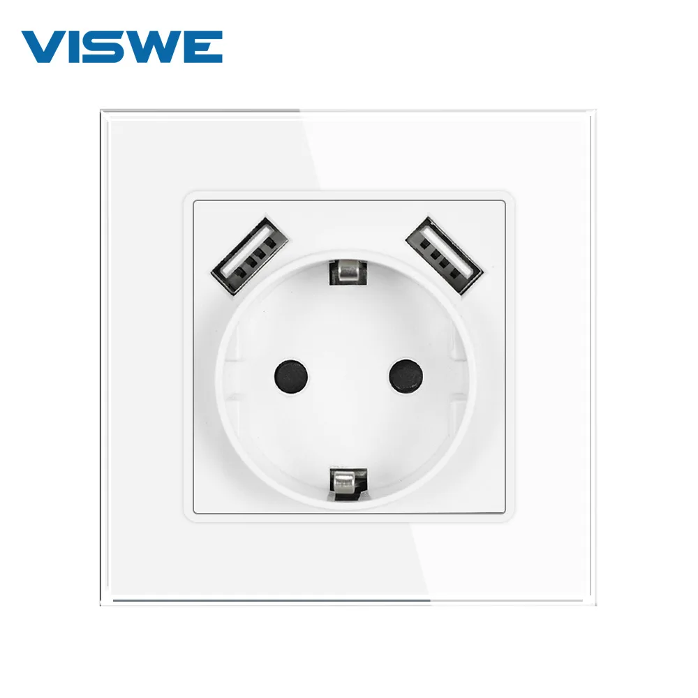 

VISWE White Crystal Glass Panel 2A Dual USB Port Wall Charger Adapter Charging Socket with usb EU Wall Plug Socket