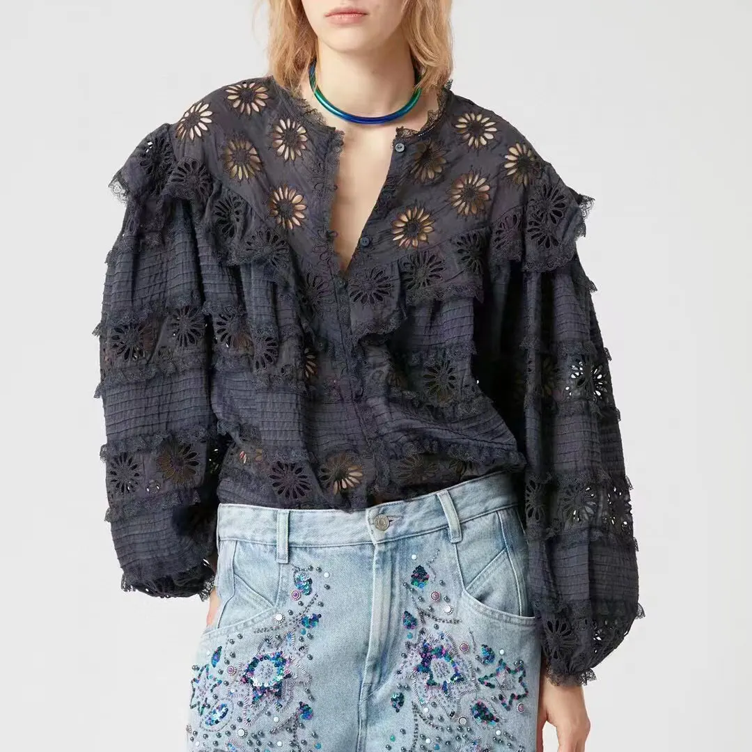 

Hollow out women shirt tops Single-breasted Lantern sleeve ruffle temperament lady blouse