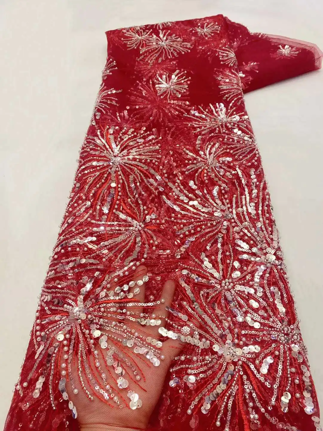 

Handmade French Lace Fabric 2022 Embroidery Sequins Pearls Tulle Beaded Lace Fabric Nigeria Lace Fabric For Wedding