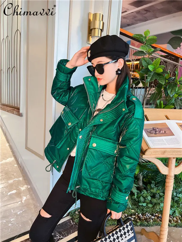 

2022 Winter New Fashion Stand-up Collar Cotton-Padded Coat Women's Korean-Style Loose Short Button Laser Glossy Down Jacket