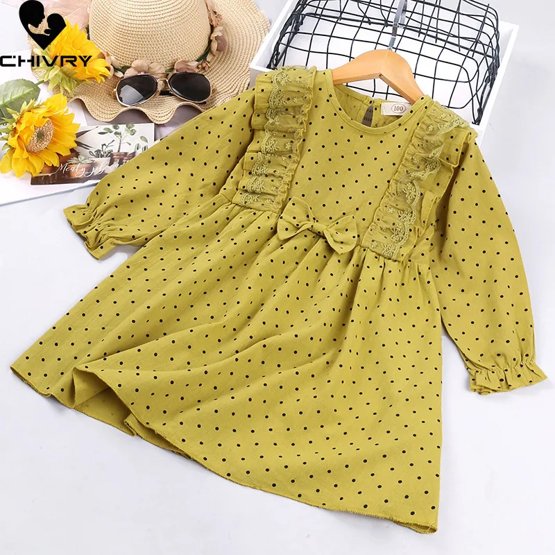 

Girls Dresses Spring Autumn 2022 Kids Baby Girls Long Sleeve O-neck Bowknot A-line Dress Fashion Dot Print Princess Dresses