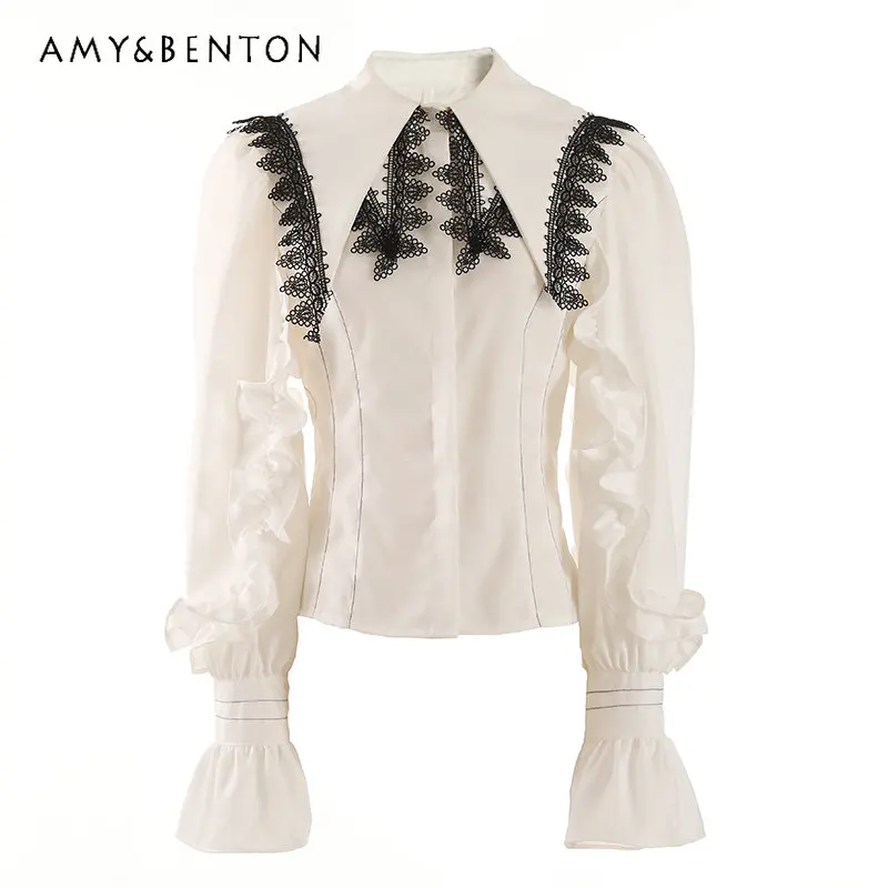 

French Style Retro Trumpet Sleeve Shirts Blusas Lace Stitching Three-Dimensional Pleated Ruffled Tees Womens Tops And Blouses