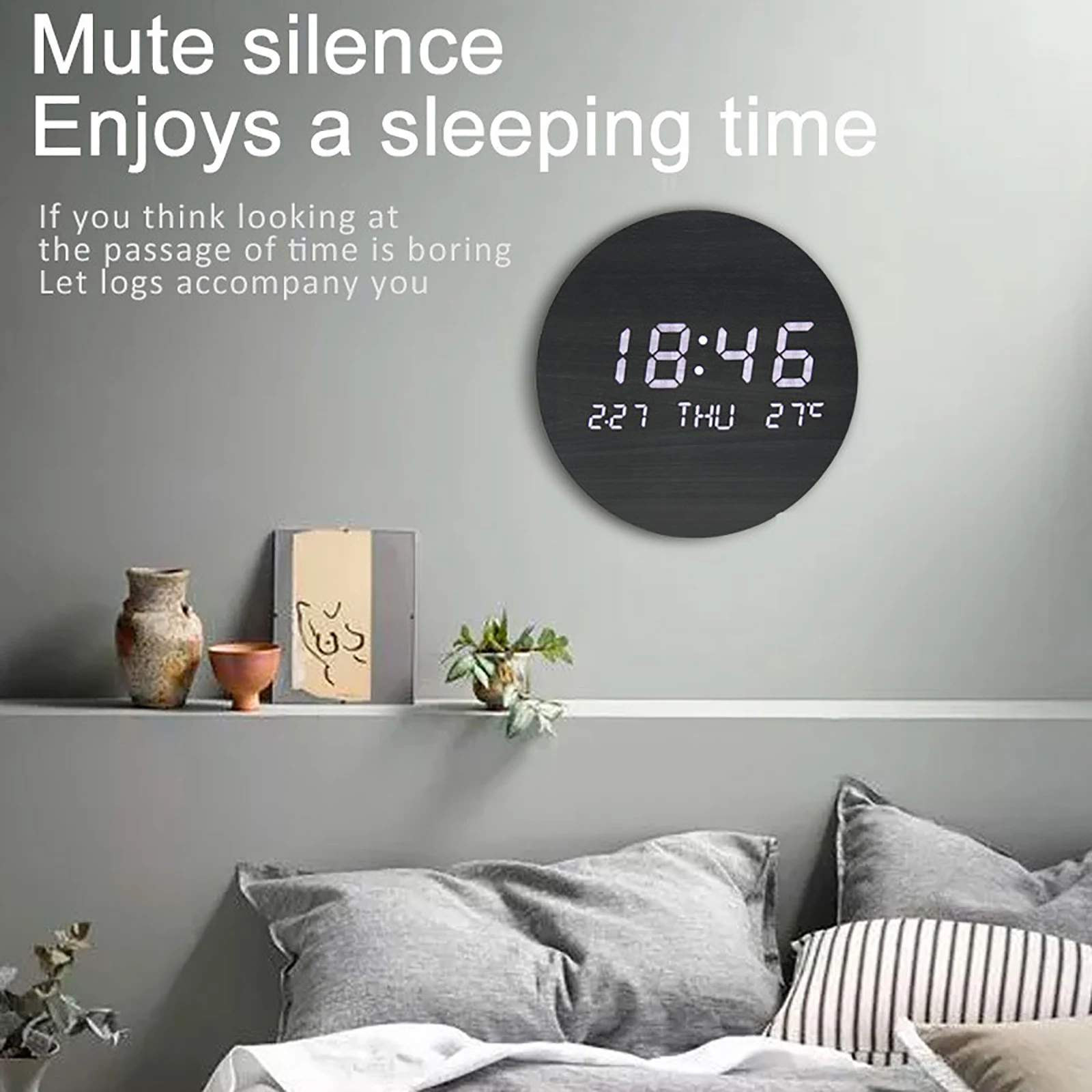 Solid Wood Color Round LED Wall Clock Nordic Style Digital Temperature Date Display Silent Clock Living Room Bedroom Wall Decor