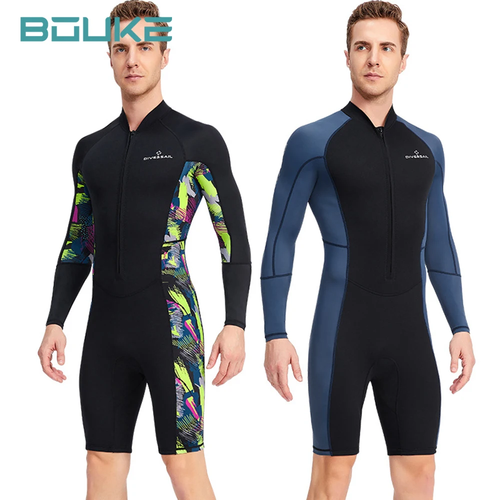 

1.5mm Neoprene Shorty Mens Wetsuit UV-proof Front Zip Lycra Long Sleeves Diving Suit for Underwater Snorkeling Swimming Surfing