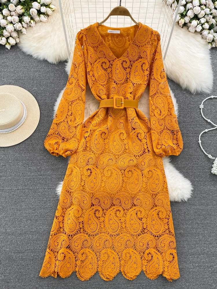 

Hikigawa 2023 Summer Solid Causal Women Dress All Match V Neck Hollow Out Dresses Sexy Chic Fashion Elegant Vestido De Mujer