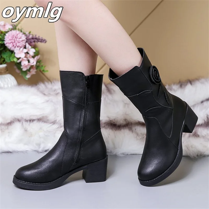 Autumn and winter new mid-boots women's new mid-heel plus velvet leather boots cotton shoes women's thick heel women's boots