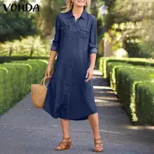 Vonda primavera elegante denim vestido feminino vintage vestido de verão femme 3/4 manga solta botões sólidos vestidos de festa casual robe oversize (1)