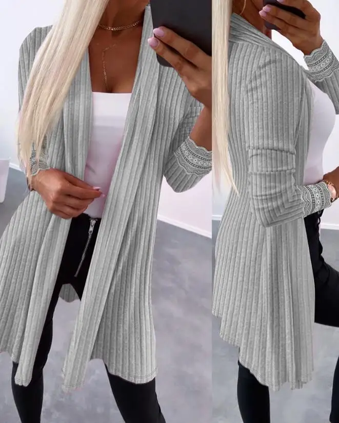 

Fashion Long Sleeve Loose Cardigan Women's Casual Clothing Autumn Open Front Contrast Lace Ribbed Longline Coat for Women