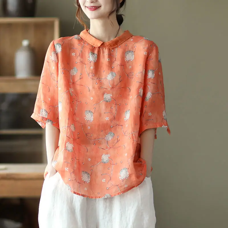 Блузка женская из хлопка и льна винтажная рубашка с отложным воротником