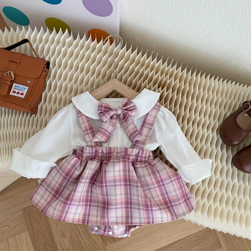 

Baby Girl Clothes 2023 Spring Newborn Girls Long Sleeve Bow Shirt Tops Plaid Suspender Skirt Romper 2PCS Korea Style Outfit 0-2Y