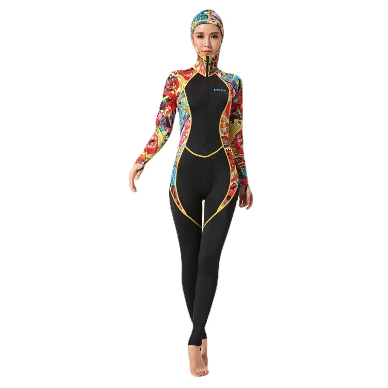 

Women Lycra Wetsuit Fullbody Jumpsuit Hooded Dive Skins Full Body Rash Guards Fabric Surfing Suit One Piece Swimwear