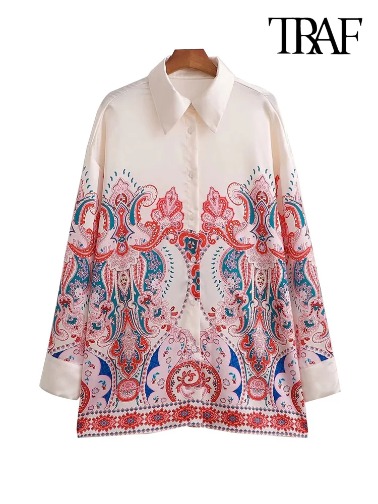

TRAF Women Fashion Oversized Totem Print Satin Shirts Vintage Long Sleeve Button-up Female Shirts Blusas Chic Tops