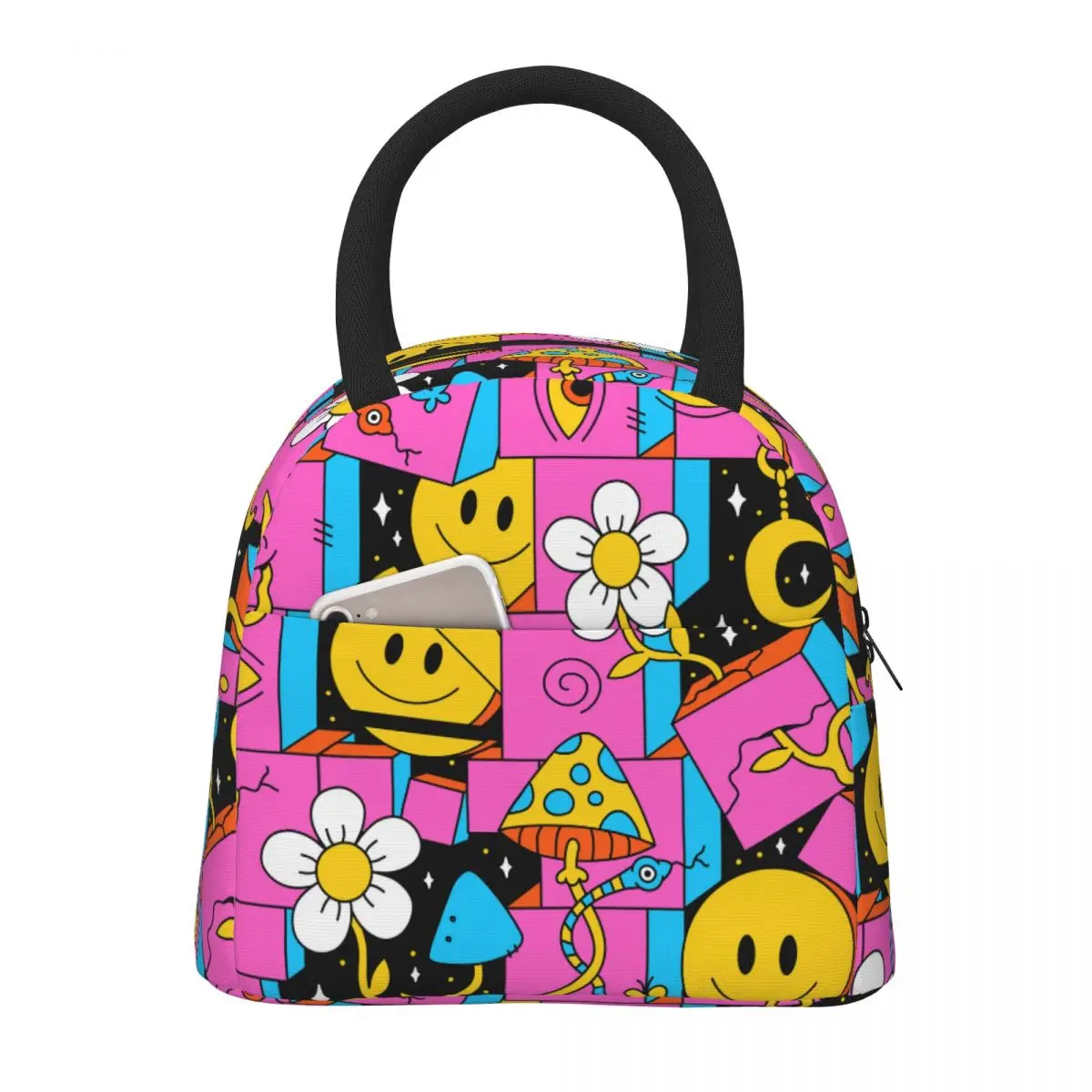 

Lunch Bag for Women Kids Psychedelic Mushrooms And Smiley Faces Insulated Cooler Waterproof Picnic Oxford Lunch Box Bento Pouch