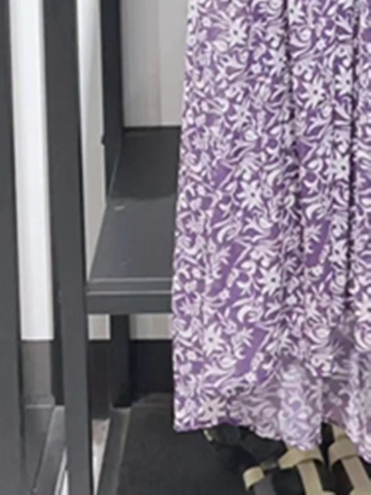 Two Pieces Set Dress Women's Purple Floral Print Ruffles Long Lantern Sleeve Female Deep V High Waist Irregular Midi Robe 2023