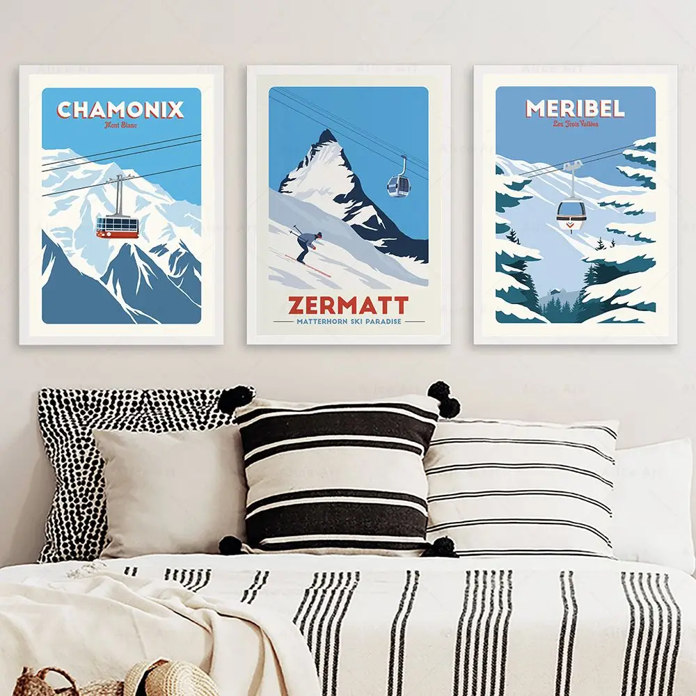 Плакаты для путешествий на лыжах World Ski Resort Chamonix Zermatt Meribel холст картина настенная