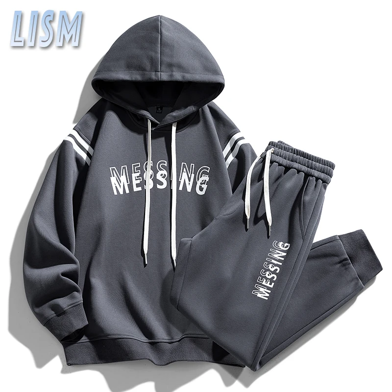 LISM Men Autumn Tracksuit Fashion Long Sleeve Two Piece Hoodie+Pants Set Hip Hop Streetwear Jogger Suit Men Casual Pullover Set