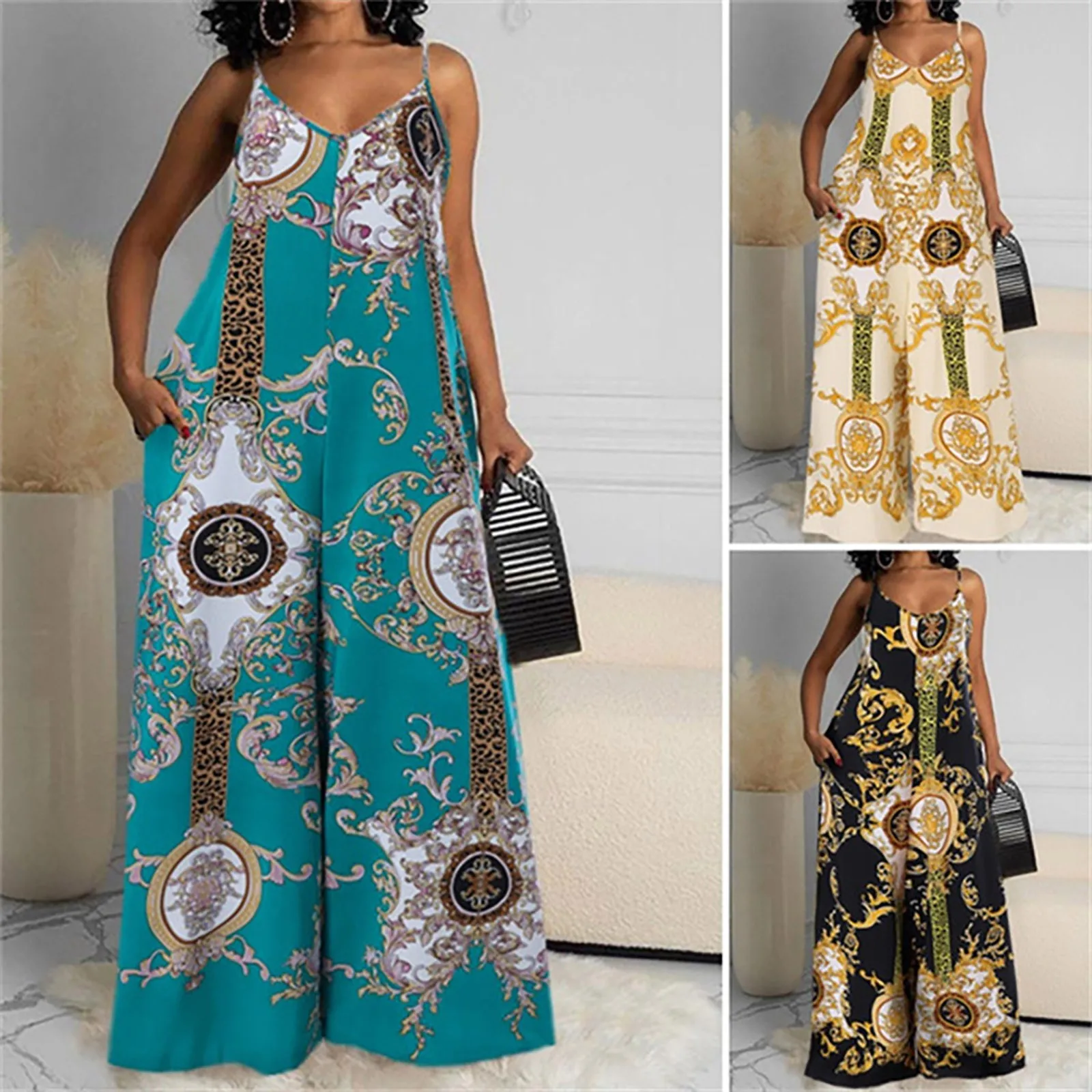 

Woman Summer Jumpsuits Fashion Print Suspender Jumpsuit Sexy Sleeveless Loose Wide Leg Pants Romper Elegant Beach Party Bodysuit