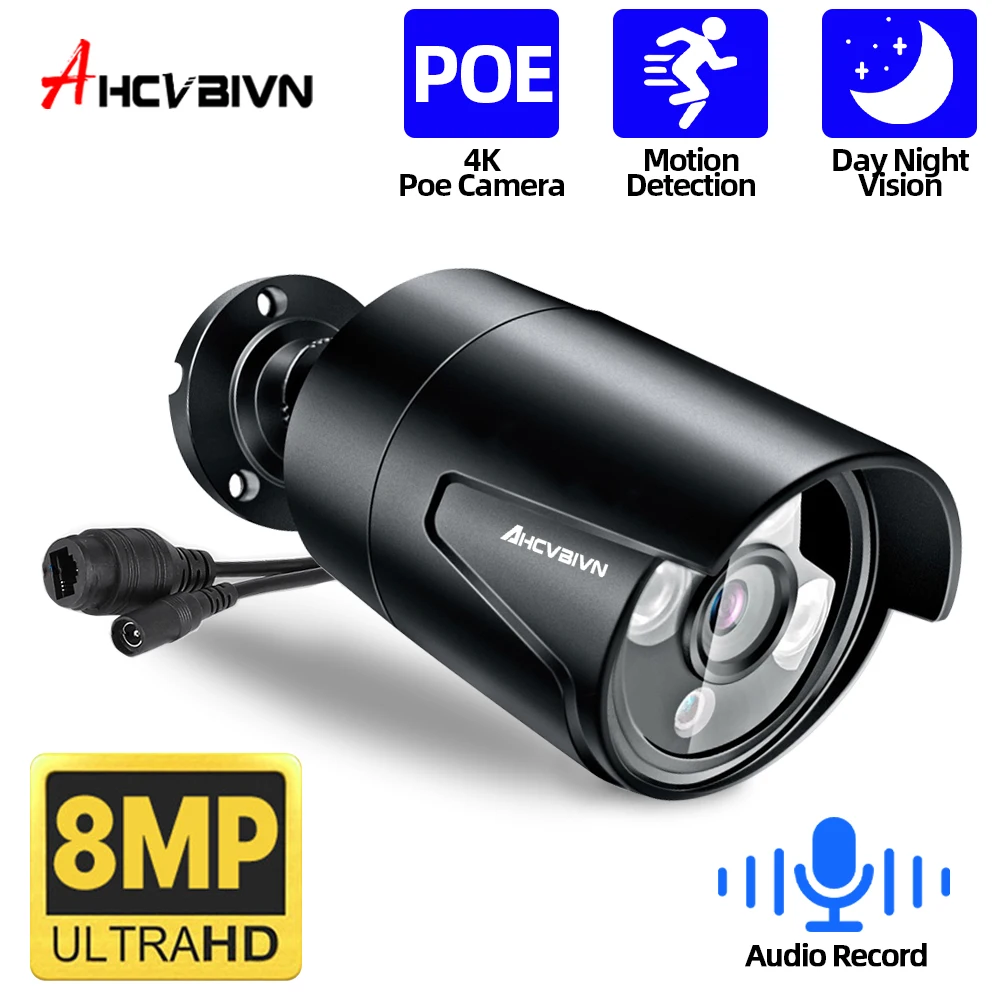 

Audio POE 8MP H.265 Outdoor Bullet CCTV Camera for 4K Security Surveillance POE NVR System Ultra HD IR Smart Metal POE Camera