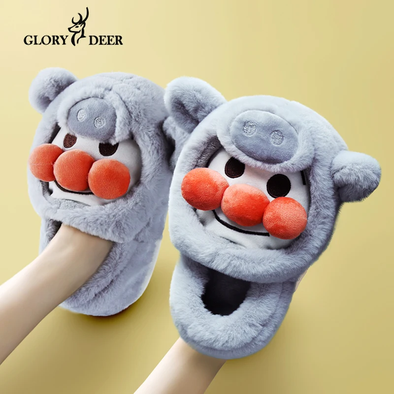 

Cute Wool Slippers Winter Bag With Female Indoor Home Plus Cashmere Warm Couple Cat Feeling Girl Pig Cotton Slippers Free shippi