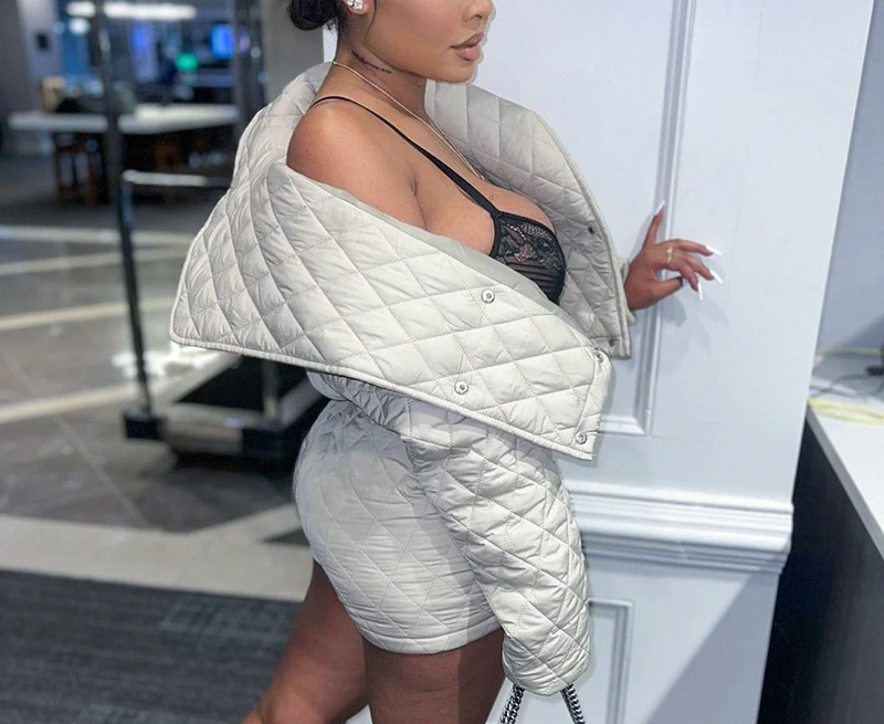 2022 Winter Women's New Casual Two-piece Suit, Fashionable Large Lapel Cotton Jacket Shorts Solid Color Suit