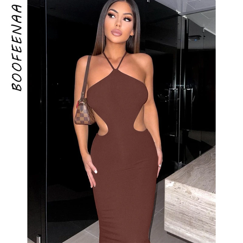 

BOOFEENAA Sexy Halter Backless Long Maxi Dresses Summer 2022 Holiday Vacation Outfits for Women Resort Wear Party Dress C70-BI27