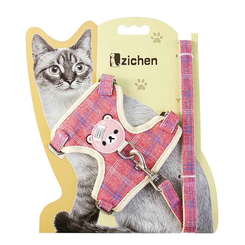 

Pink Red Cartoon Plaid Dog Cat Harness and Leash Set Adjustable Nylon Pet Harness for Chihuahua Small Cat Pet Products Walking