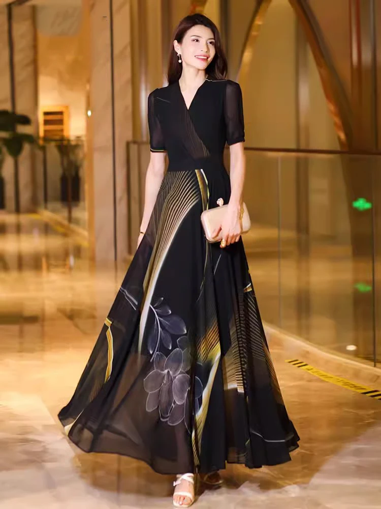 Новое женское летнее черное платье с принтом Мода V-образным вырезом короткий
