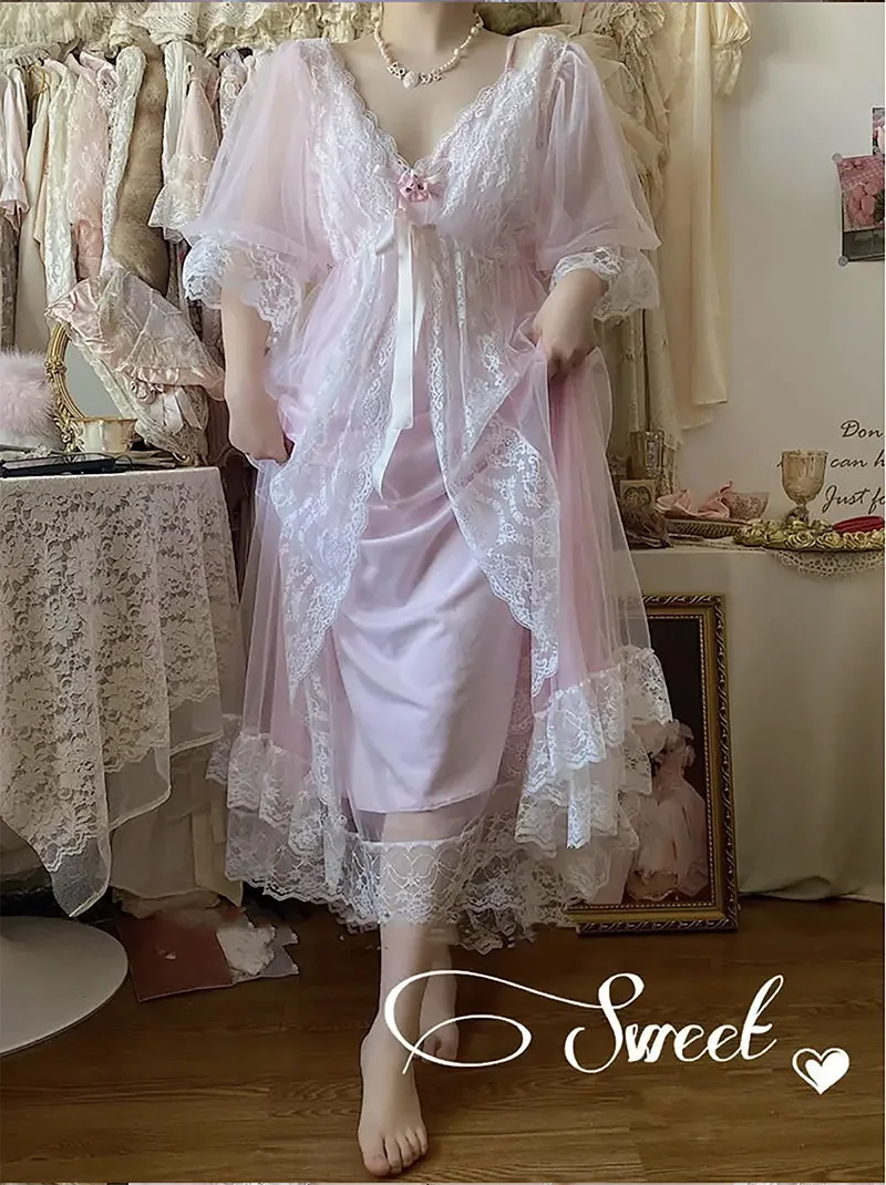 Винтажная кружевная ночная рубашка с розовым пальтом женская принцессы в стиле