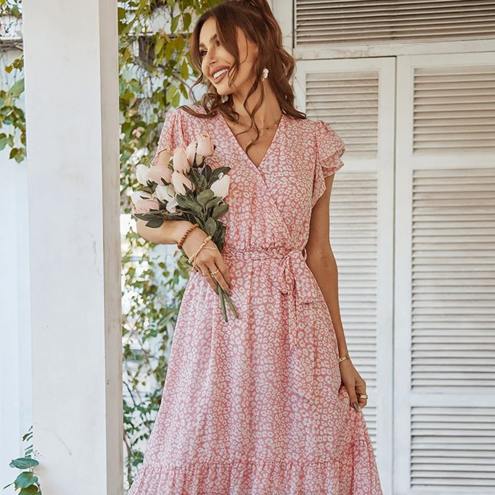 

Ladies Vintage Print Chiffon Dress Women Casual Ruffles Long Bohemian Party Beach Summer Dress Women Sundress Female Vestidos