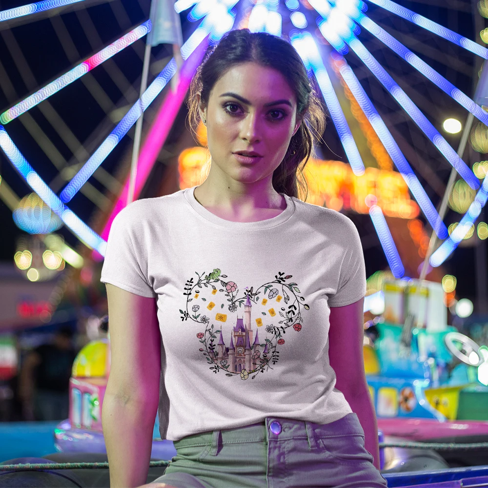 

Disney Castle Mickey Flowers Aesthetic Clothes Summer T Shirt for Women Y2k Fashion Trend Streetwear Urban Woman T-shirts