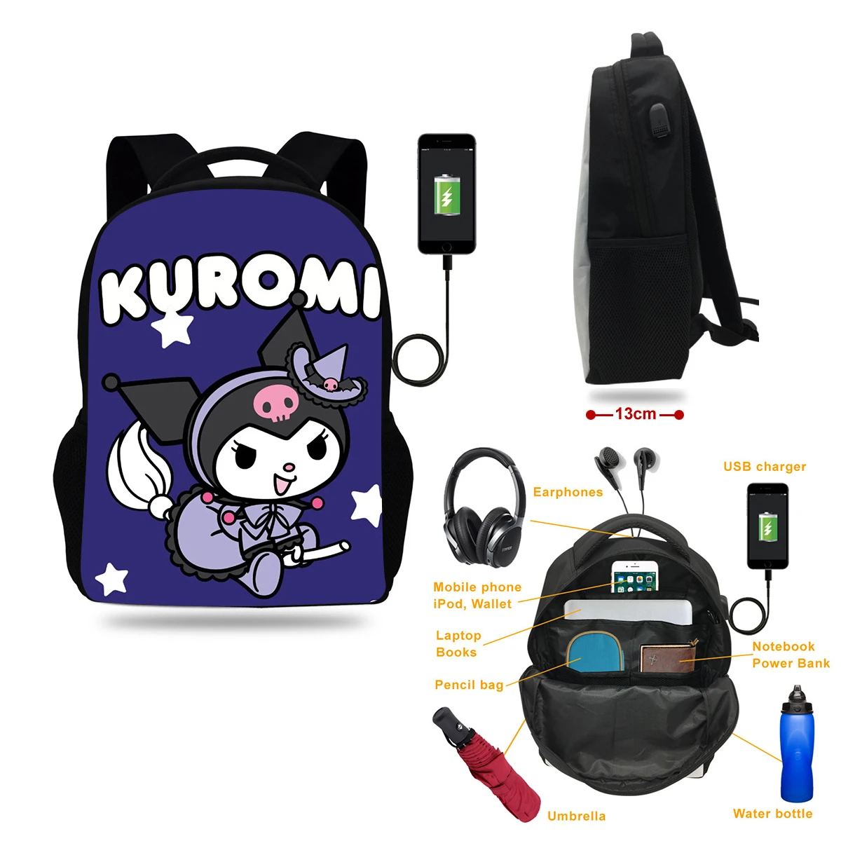 

Kawaii Sanrios Kuromi My Melody аниме дорожный рюкзак с USB-портом для зарядки Компьютерная сумка большой емкости Органайзер подарок
