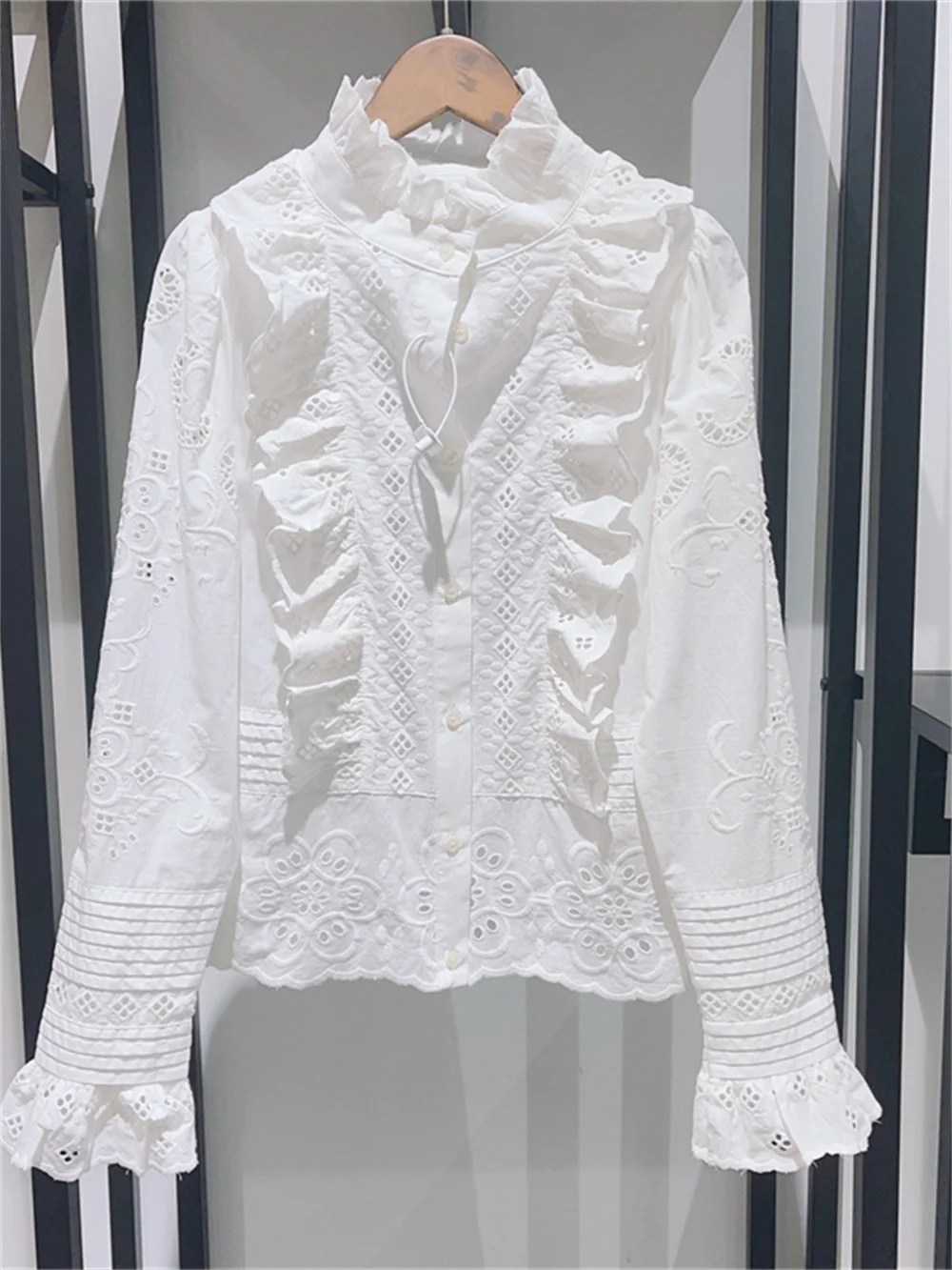 

Women Shirt Embroidery Hollow Out Ruffles Top Single Breasted Blouse Sweet Spring Summer 2023