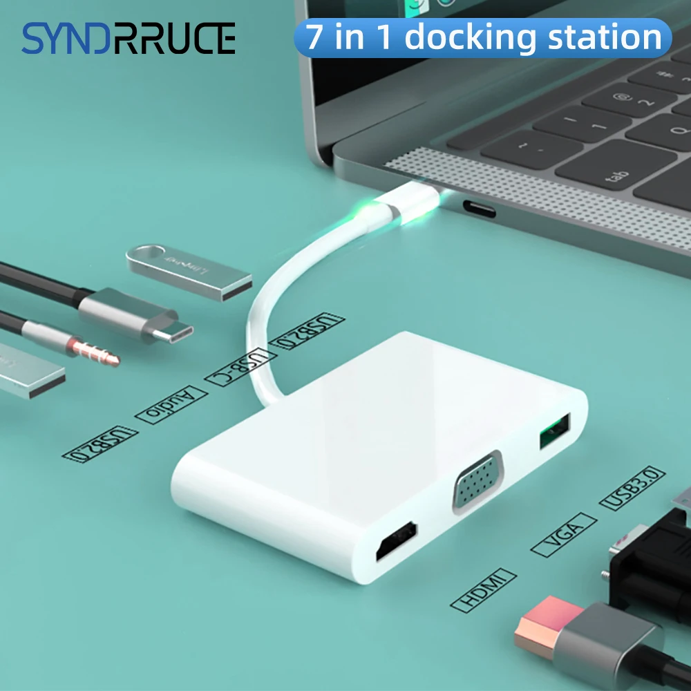 

7 портов USB C Hub Type-C для аксессуаров Macbook док-станция адаптер для фотографий VGA 1080P 3,5 мм AUX PD зарядка USB 3,0