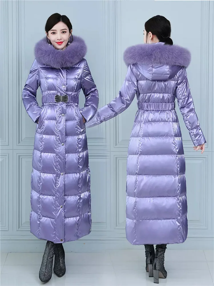 New Women Winter Down Coat Wash Free Glossy Surface Real Fox Fur Collar Thicken Warm Down Jacket Fashion Belt Slim Overcoat