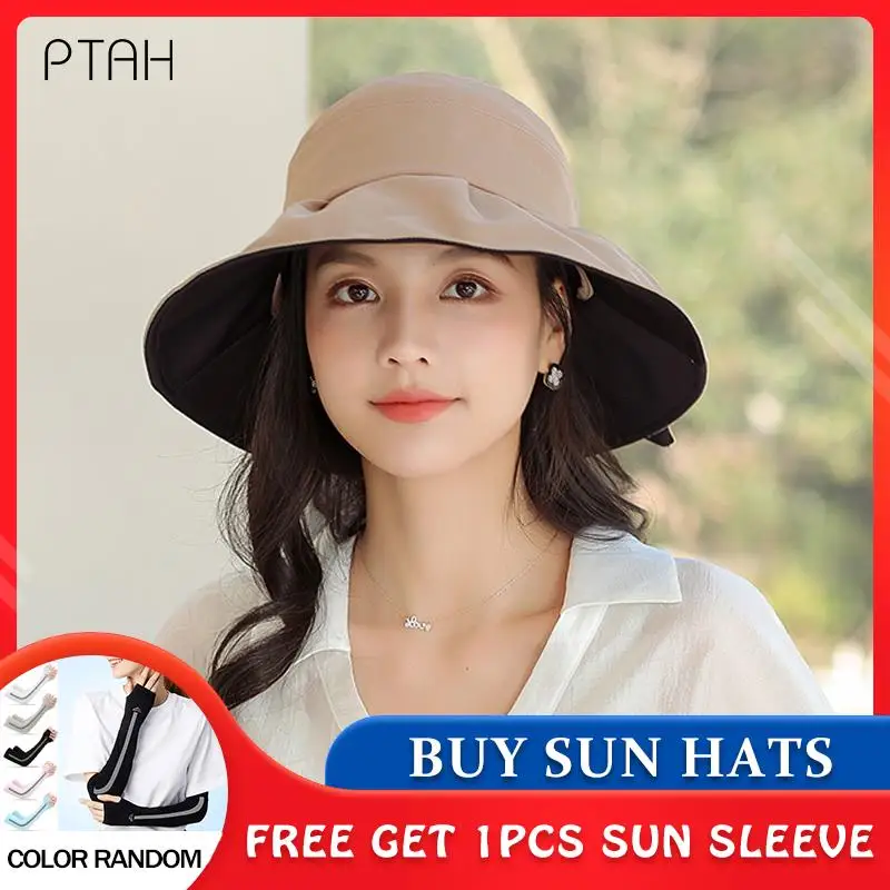

[PTAH] Summer Bucket Hats Women Breathable Outdoor Sunscreen Sun Hats Foldable Wide Brim Bow Sun Caps Windproof Rope Packable