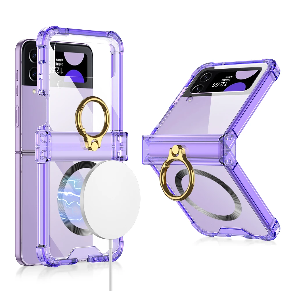 For Samsung Galaxy Z Flip 4 Magsafe Wireless Charging Case Magnetic Electroplated Transparent Ring Holder Folding Hingle Cover