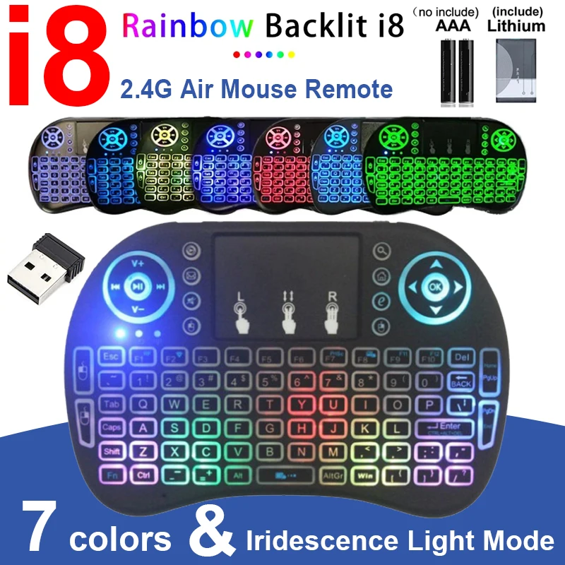 

i8 Air Mouse Remote 2.4GHz Wireless Rainbow Backlit 7 Color Keyboard for Touchpad Android Smart TV Box PC Mini Wireless Keyboard