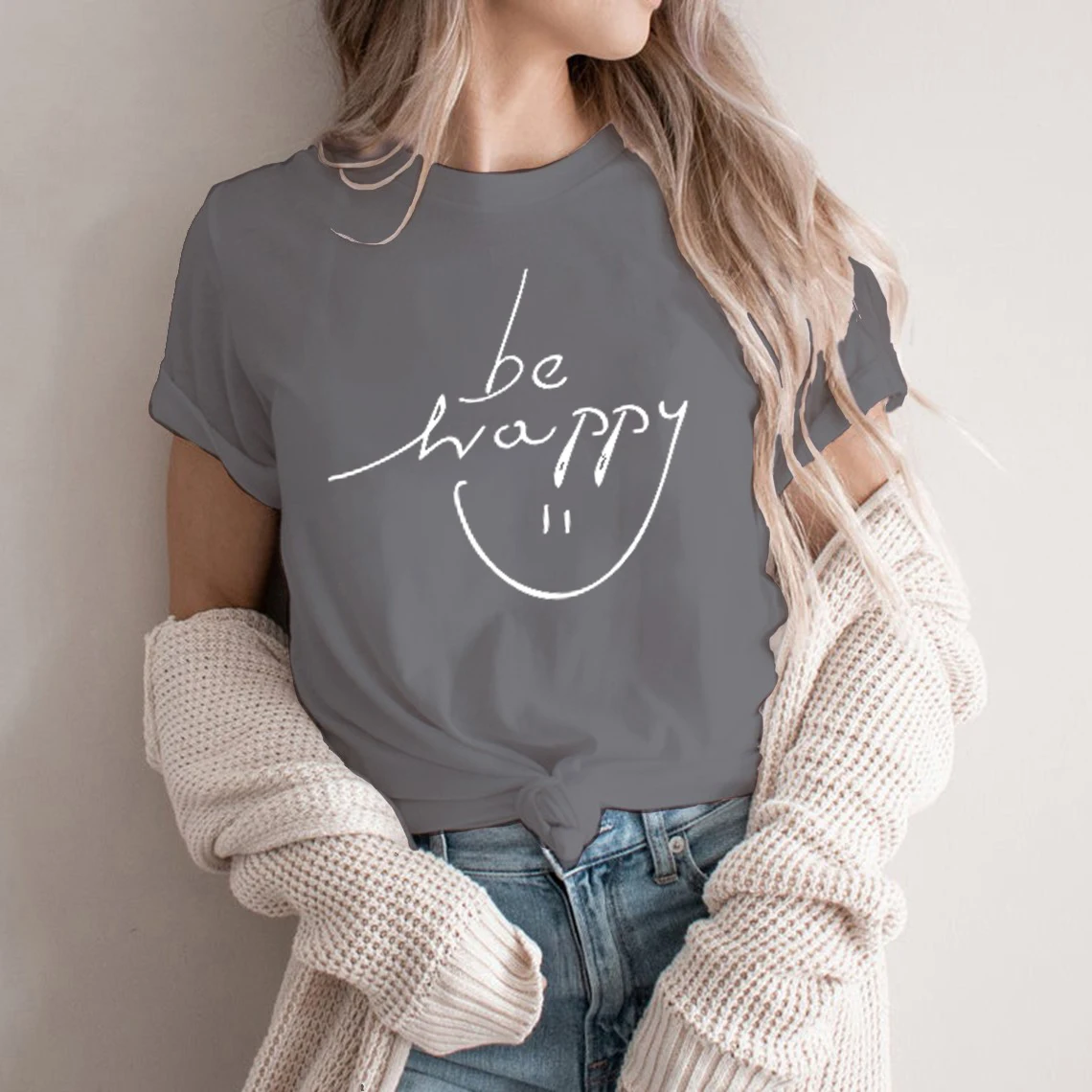 

Rheaclot Be Happy Graphic T-shirt Fashion Women Round Neck Tee