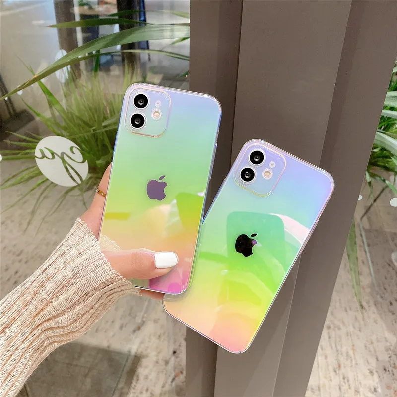 

Rainbow Gradient Laser Phone Case For iPhone 13 12 11 Pro Max X XR XS Max 7 8 Plus Mini SE Transparent Aurora Hard PC Back Cover