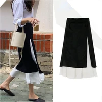 jupe femme korean slim high waist patchwork fake two piece chiffon skirt women faldas largas long black fashion pleated