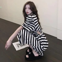 summer striped puff short sleeve hallow out waist y2k mid calf dress women sexy square collar slit party club dresses vestidos
