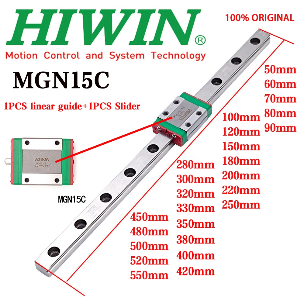 

HIWIN Original Genuine MGN15 Linear Guide Rail 50 60 70 80-100 150 200 250 300 330-550mm MGN15 Linear Guide+MGN15C Slider Block