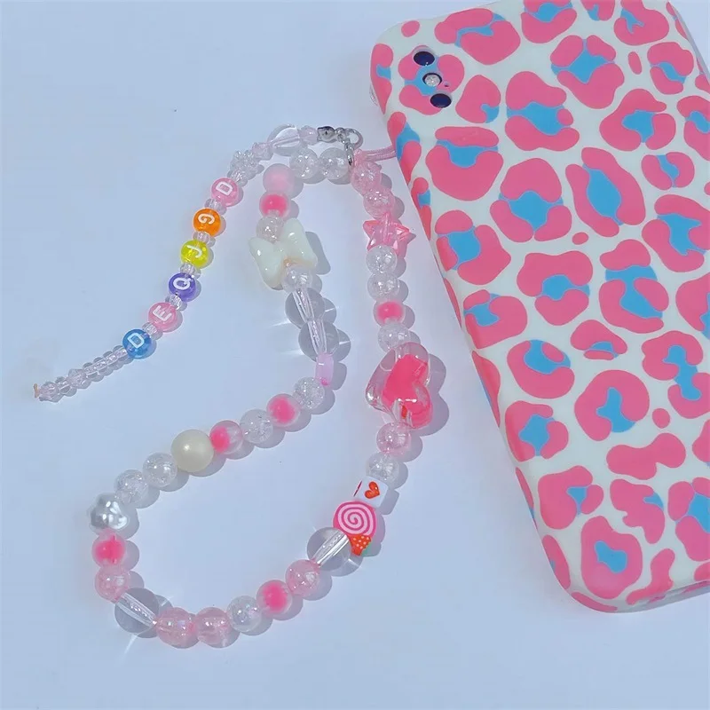 Resin Bow Heart Shaped Geometric Acrylic Beaded Ins Style Pink Bracelet Anti-Lost Lanyard Ladies Mobile Phone Chain Accessories