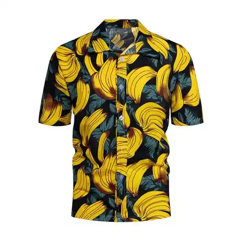 Рубашка мужская однобортная, гавайская блузка на пуговицах, с банановым узором, летняя