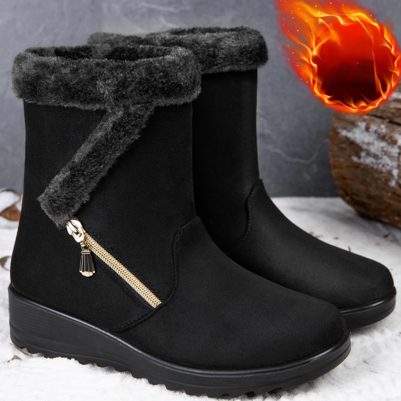 

Wedge Snow Boots Winter Women Side Zipper Suede Ankle Boots Casual Large Size Round Head Hiking Warm Cotton Shoes Bottine Femme