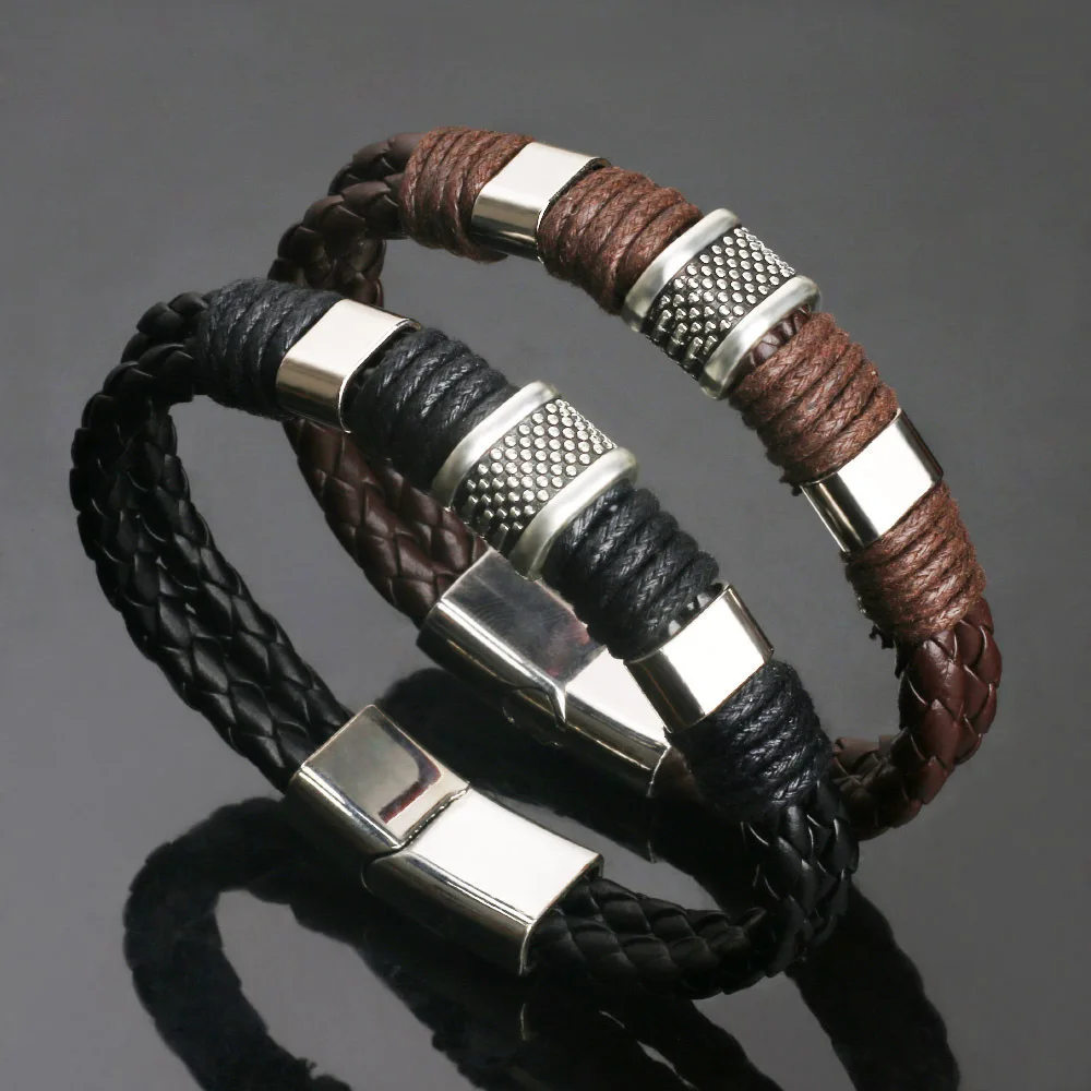 

New Retro Leather Men's Cowhide Magnet Buckle Bracelet Korean Fashion Personality Domineering Braided Leather Rope