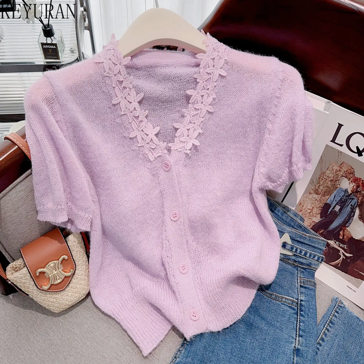 

Lace V-Neck Knitted Cardigan Women 2023 Summer New Korean Fashion Single Breasted Short Sleeve Sweaters for Women Knitwear Tops